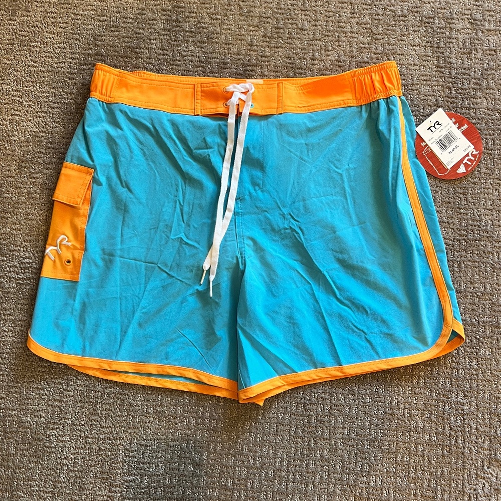 NWT Mens TYR swim trunks blue and orange